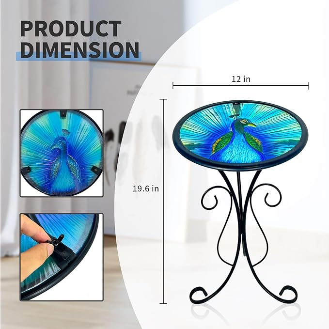 LIFFY Outdoor Side Table, 12" Glass Peacock Tabletop Patio Tables with Metal Frame, 21" Height Indoor Small Round Home Decorative Plant Stand Outside for Garden Patio Yard Porch