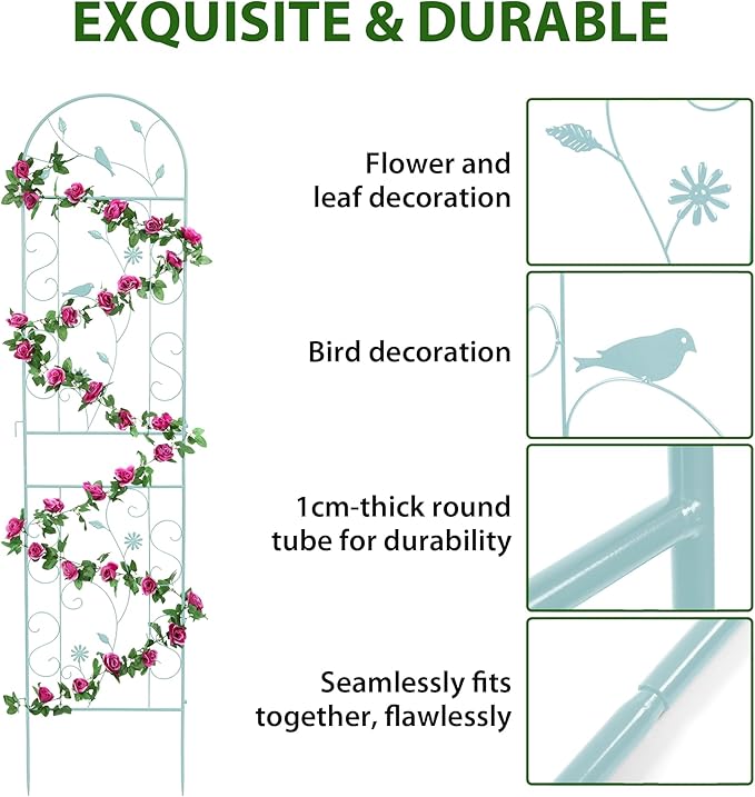 Metal Garden Trellis for Climbing Plants, 2 Pack 86.5" x 19.7" Green Plant Trellis Outdoor, Clematis Rrellis Outdoor, Arched Decoration Suitable for lawns, Gard, Green