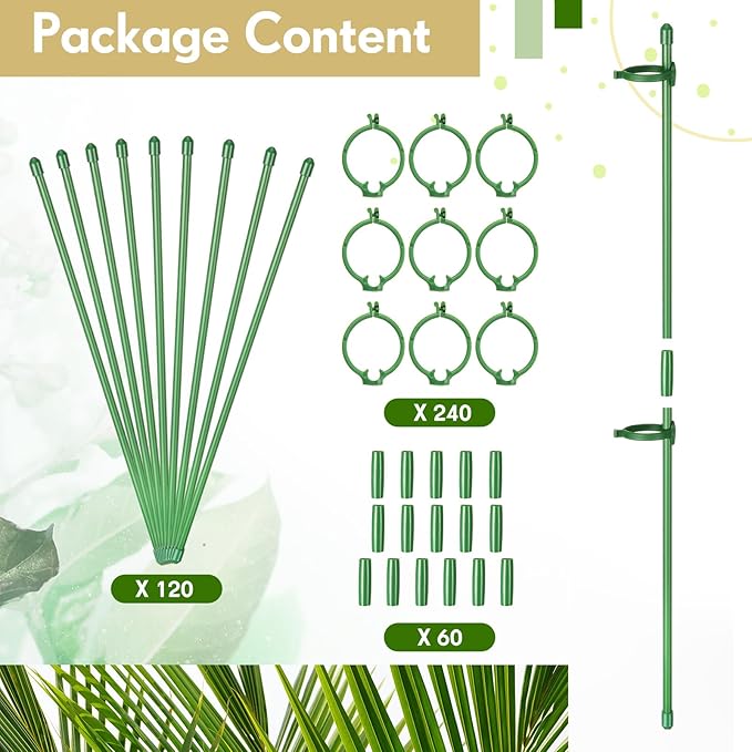 meekoo 120 Pcs Adjustable Garden Plant Support Stakes Single Stem Plant Cage Support Rings with Clips and Connect Pipe for Orchid Rose Tomato, 12 Inch (Green)