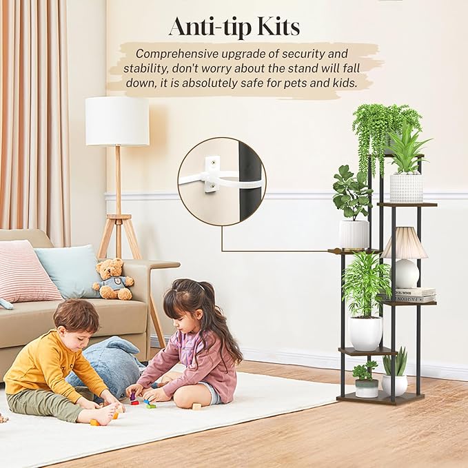 6 Tier Plant Stand Indoor Outdoor, Tall Metal Wood Muti-Level Planter Shelf Holder, Sturdy Large Vertical Corner Orchid Flower Pot Display Rack for Narrow House Decor Office Living Room Bedroom, Oak