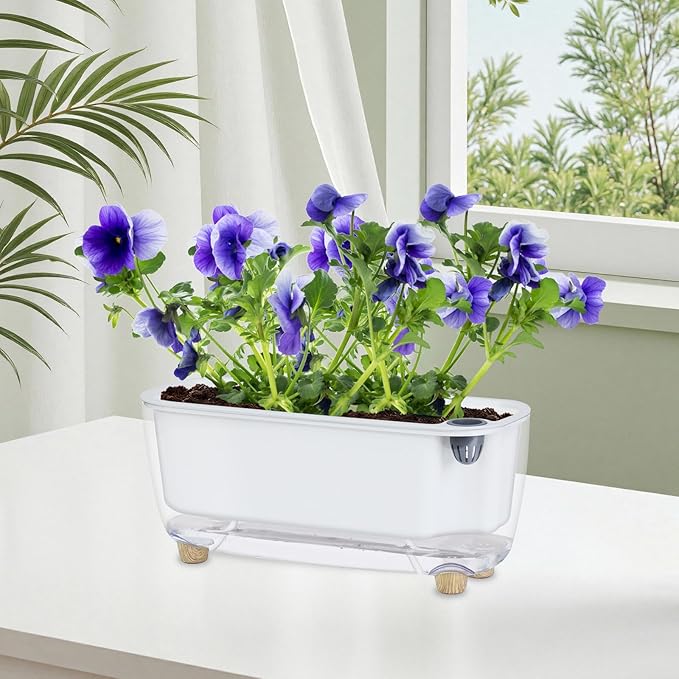 Self Watering Planter with Coco Coir Pellets, 11.8 Inch Plastic Rectangular Windowsill Plant Pot with Drainage Holes, High Clear Modern Decorative Flower Pot for Indoor Plants, African Violets