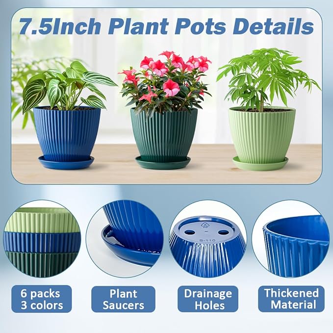 Plastic Plant Pots, 6 Pack 7.5 Inch Flower Pots with Drainage Holes and Saucer, Planters for Indoor Outdoor Plants, Stylish Decor for Home and Garden(Blue, Green, Dark Green)