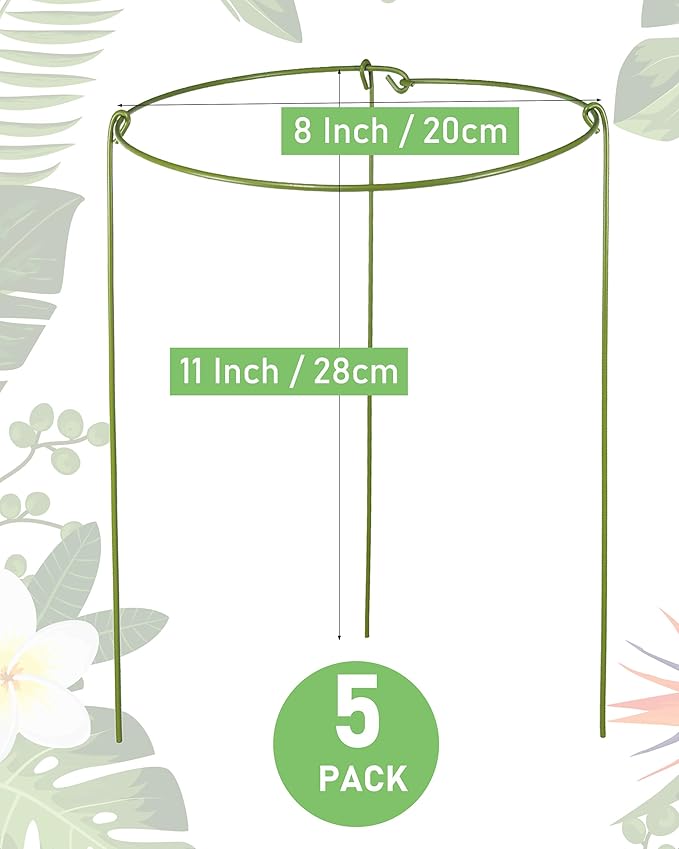 5 Pack Plant Support Stakes, Adjustable Plant Ring Cages with Green Rubber Wrapping, Ideal for Orchids, Indoor and Outdoor Potted Plants, 8" Wide x 11" High