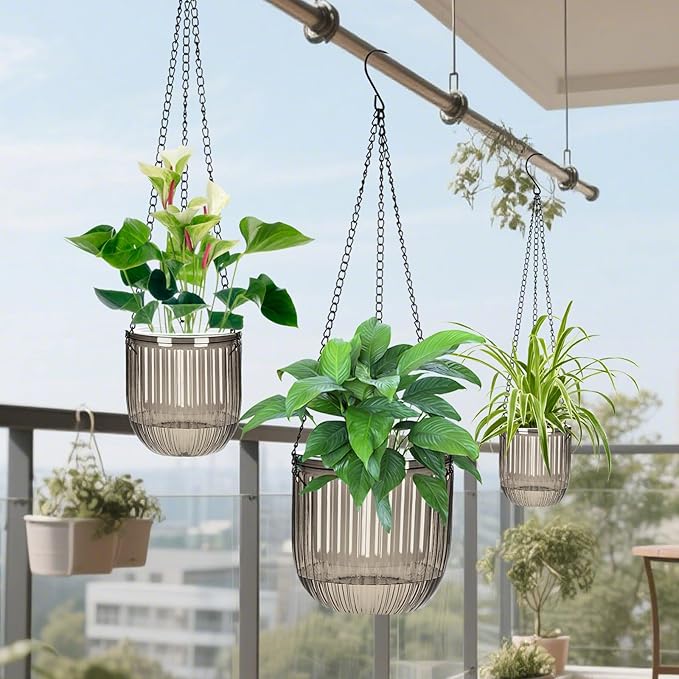 Self Watering Planters for Indoor Plants & Outdoor Plants Hanging Basket for Plants Modern Air Plant Pots with Drainage, Adjustable Hooks for Home, Balcony, Garden Décor Grey