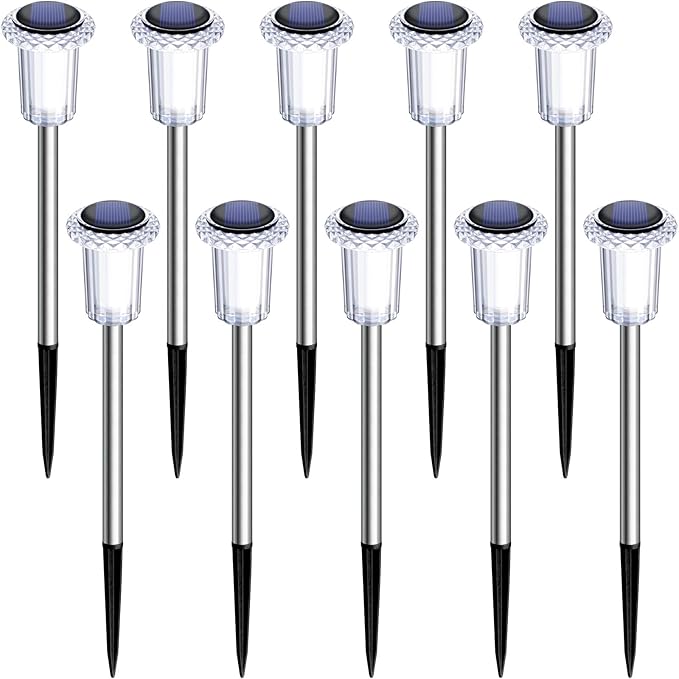 Solar Pathway Lights 10 Pack Christmas Solar Lights Outdoor Waterproof 6000K Cold White Yard Lighting, LED Stainless Steel Stake for Garden Outside Landscape Lawn Driveway Walkway Path