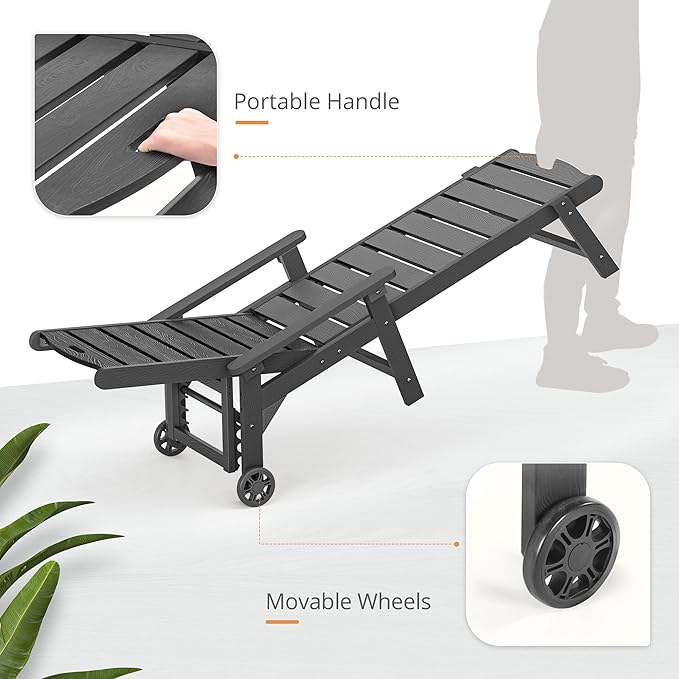 LUE BONA Outdoor Chaise Lounge, HDPS Chaise Lounger, 5 Positions Adjustable Lounge Chairs, Pool Lounge Chair with Wheels for Poolside, Backyard, Dark Gray