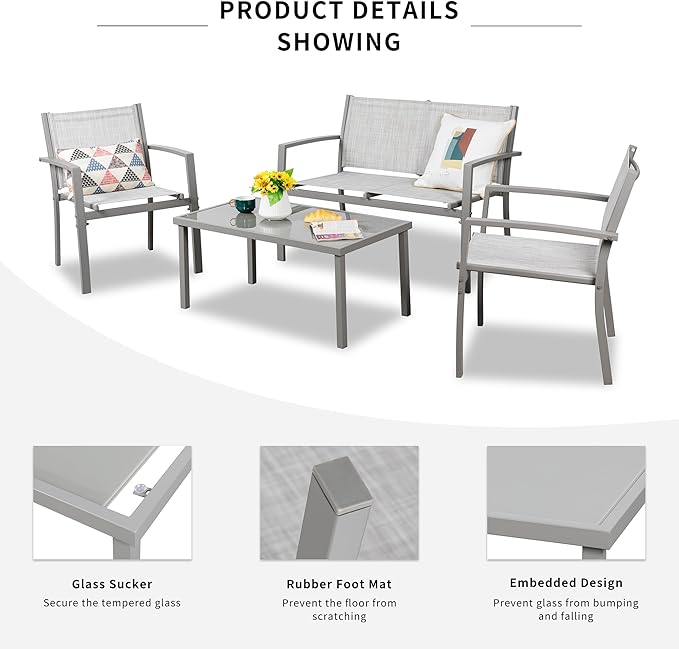 Shintenchi 4 Pieces Patio Furniture Set All Weather Textile Fabric Outdoor Conversation Set, with Glass Coffee Table, Loveseat, 2 Single Chairs for Home, Garden, Lawn, Porch（Silver）