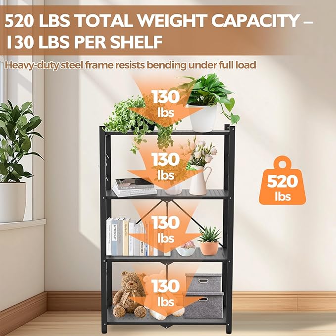 EAGLE PEAK 4-Tier Foldable Greenhouse Shelf, Heavy Duty Metal Storage Rack, No Assembly Steel Shelving Unit, Plant Stand for Greenhouse and Multi-Use Storage, 28”x14.6”x44.7”, 520 lbs, 1 Pack, Black