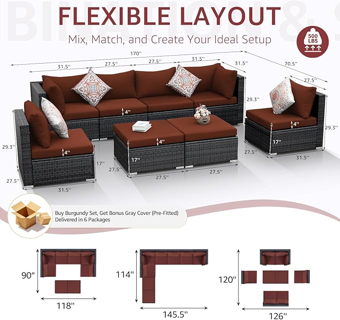 NICESOUL 8 Piece Modern Patio Couch Set, 29.3'' High Back Oversized Wicker Outdoor Sectional Furniture with Ottoman, Wide Seating Comfy Conversations for Backyard Deck, 2 Color Cushion Wine & Gray