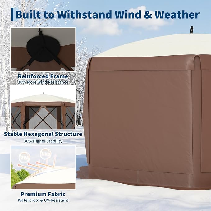 11.5x11.5FT 6-Sided Pop Up Gazebo Tent，One-Push Setup Canopy Tent with Mesh Panels & Removable Wind Cloths, Outdoor shelter for Camping, Backyard Parties, Outdoor Events - Beige & Khaki