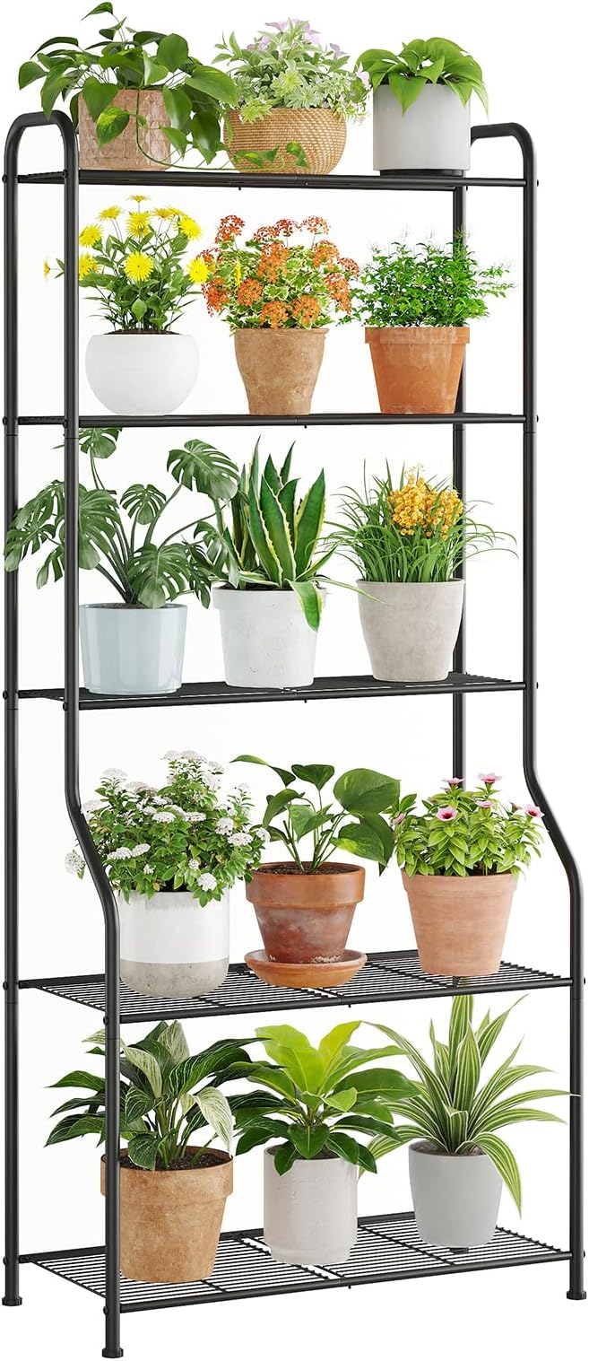 5-Tier Corner Plant Stand, Metal Black Flower Pot Rack, Indoor Outdoor Heavy Duty Shelf (Black, 5 Tier)