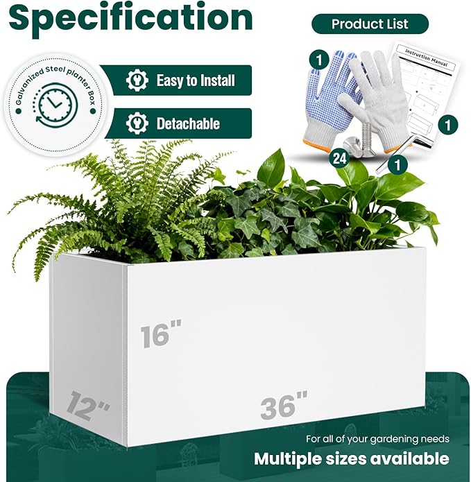 Metal Rectangular Planter 36" L x 12" W x 16" H Galvanized Steel Planter Box Rectangle Outdoor Planters Commercial Residential for Patio, Backyard, Garden
