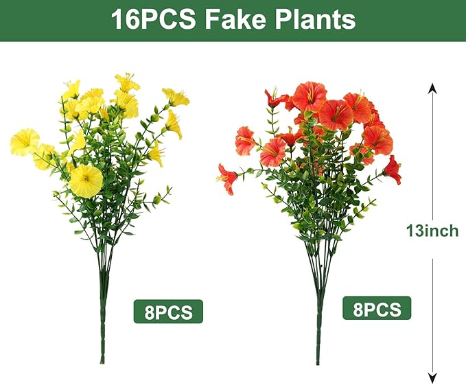 Artificial Flowers for Outdoors, UV Resistant Fake Silk Morning Glory, Realistic Faux Plants for Outside Porch Patio Window Box Hanging Planter (16, Orange Yellow)