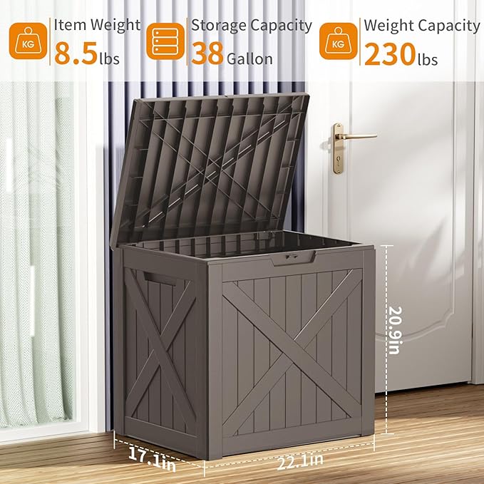 38 Gallon Outdoor Deck Box, Lockable Waterproof Outdoor Storage Boxes For Garden Tools,Indoor Cushions,Accessories Outside Storage Resin Weatherproof Container(Grey)