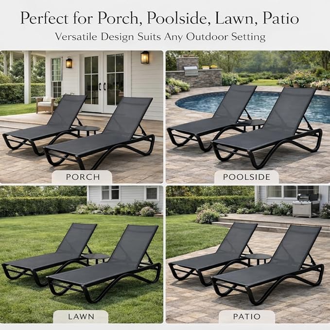 Kozyard Outdoor Chaise Lounge Chair, Full Aluminum Frame, Adjustable Reclining Patio Lounger for Poolside, Sunbathing & Backyard, Textilene (Gray, 2Chairs + Table)