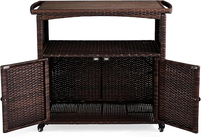 VINGLI Wicker Outdoor Bar Cart with Storage & Rolling Wheels, Patio Bar Table w/Shelf, Outdoor Storage Cabinet Buffet Cabinet Grill Cart for BBQ Pool Patio Kitchen, Brown