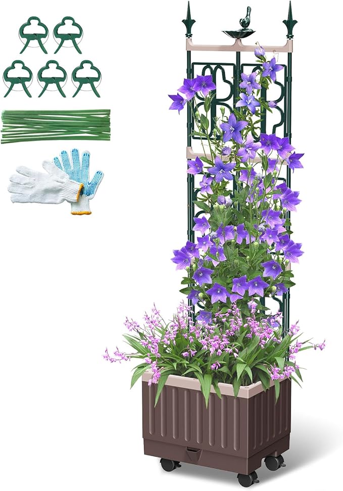 Raised Garden Bed Planter Boxes with Trellis,61.4" Self-Watering Trellis with Planter Box for Climbing Plants Flowers Vegetables with Wheels,Use for Indoor Outdoor