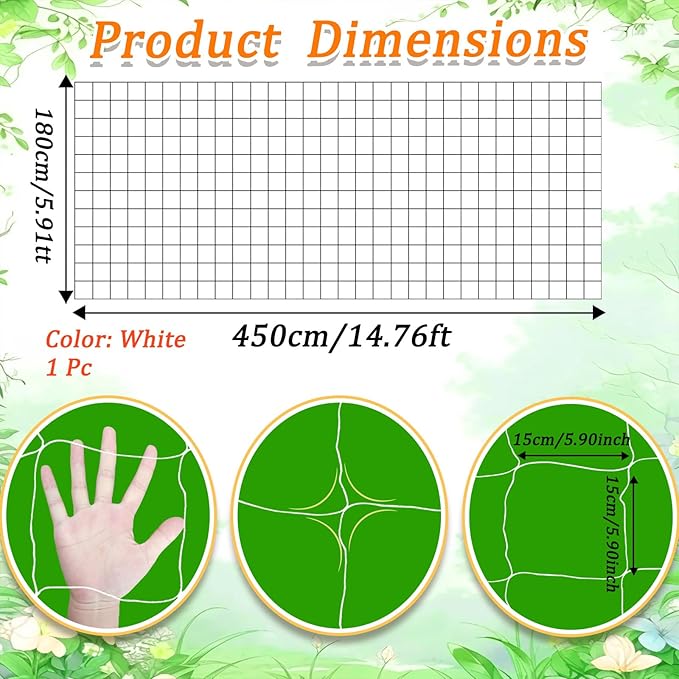 6x15FT Plant Trellis Netting,Heavy-Duty Garden Grow Net Polyester Square Mesh Nets for Climbing Plants,Tomatoes,Cucumbers,Beans,Fruits,Flowers