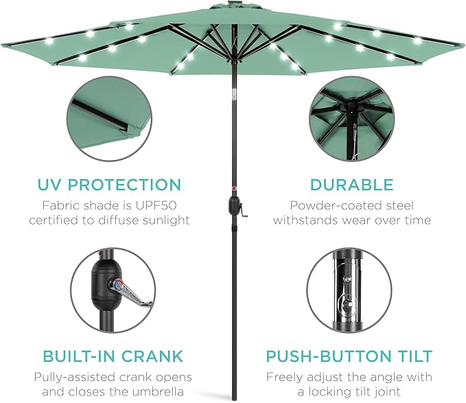 Best Choice Products 10ft Solar Polyester LED Lighted Patio Umbrella w/Tilt Adjustment and UV-Resistant Fabric