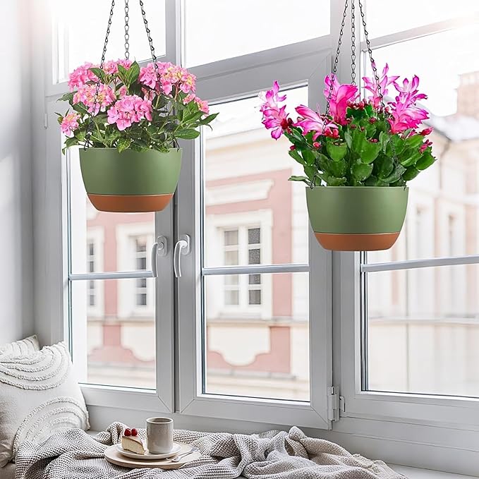 Hanging Planters for Indoor Plants, Set of 2 8/10 Inch Self-Watering Hanging Pots with Drainage Hole & Removable Water-Storage Tray II Screw-in Hooks