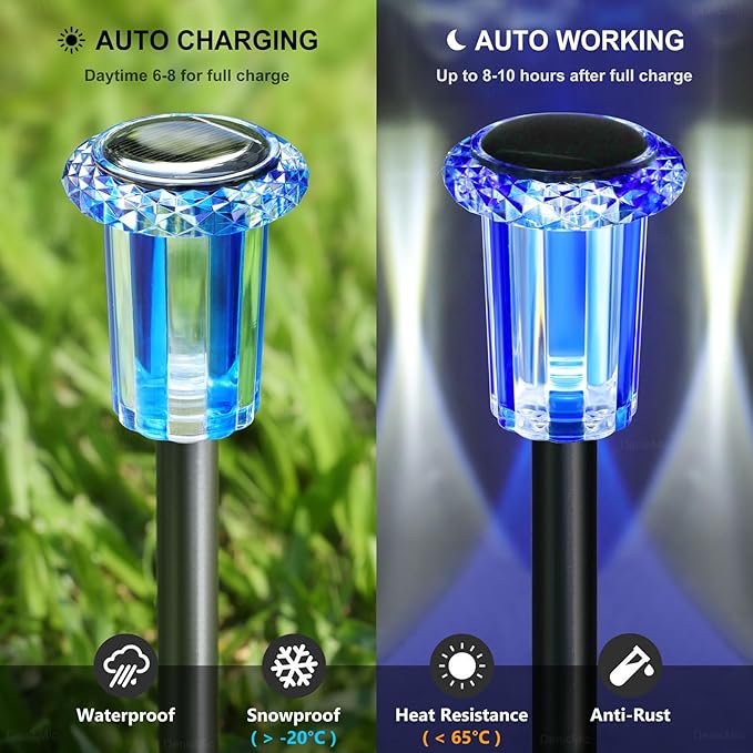 DenicMic Solar Lights Outdoor 10 Pack Waterproof Color LED Stainless Steel Stake Outside Lights for Yard Pathway Garden Driveway Walkway Landscape Path Lighting Christmas Decorations