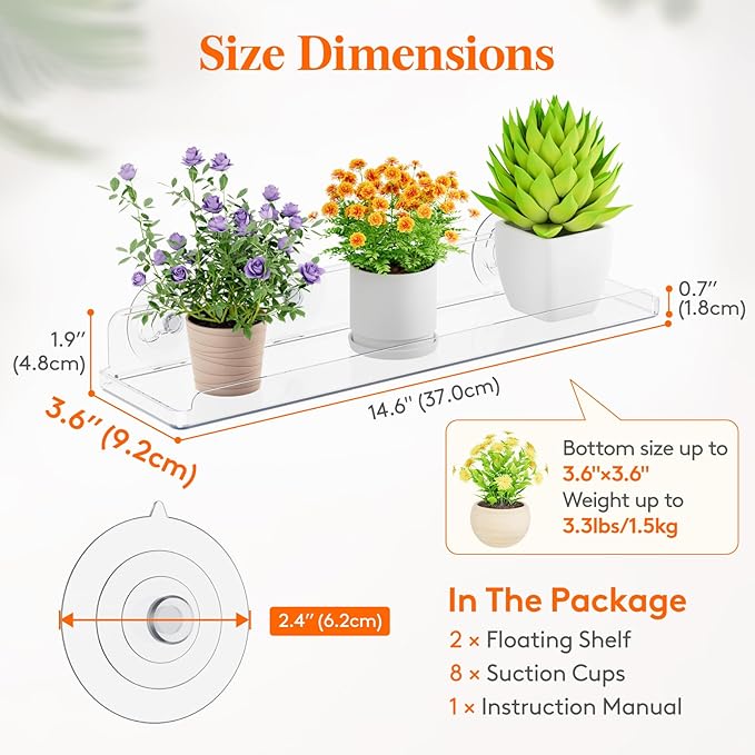 Lifewit Window Plant Floating Shelves 14.6x3.6, 2 Pack Acrylic Suction Cup Shelf, Window Sill Extender for Indoor Succulent Plants, Micro Greens, Seed Starter Pots, Herb Planters 37 x 9 cm/14.6x3.6