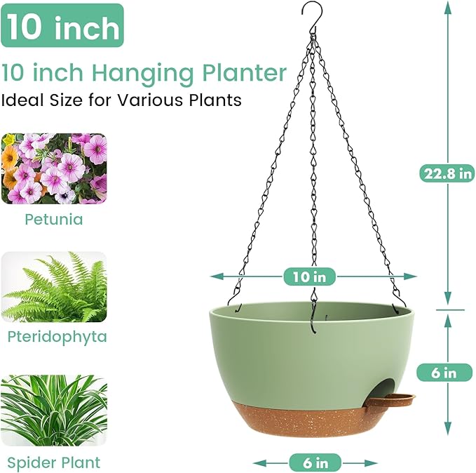 Set of 3-10 Inch Self Watering Hanging Planters for Indoor & Outdoor，Hanging Plant Pots with Drainage & Removable Tray, Hanging Pots Holder for Ivy, Ferns, Balcony & Patio, Green and Brown