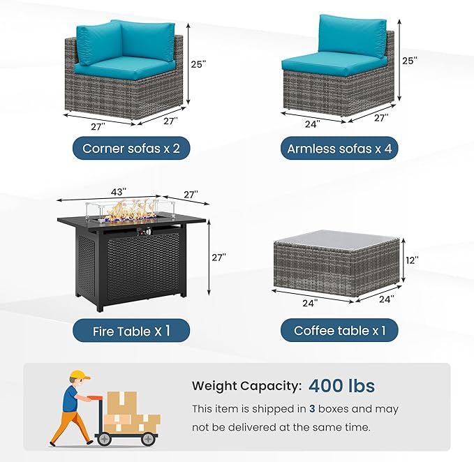 Wisteria Lane 8 Pieces Outdoor Patio Furniture Set with 43" Fire Pit Table, Wicker Outdoor Patio Sectional Sofas with Coffee Table, All-Weather Patio Conversation Set for Backyard Garden, Light Blue