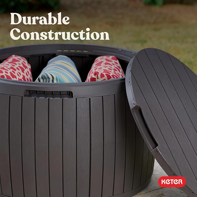 Keter Circa 37 Gallon Deck Box Organizer, Works as Ottoman Chair or Side Table, Brown – Large Resin Round Outdoor Storage and Seating for Garden, Pool, and Patio