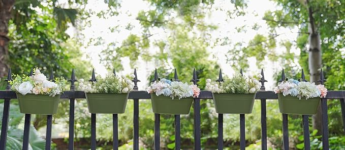Dahey 10.5 Inch Metal Iron Hanging Flower Pots for Railing Fence Hanging Bucket Pots Countryside Style Outdoor Planter Window Flower Plant Holder with Detachable Hooks Home Decor,Green,5 Pcs