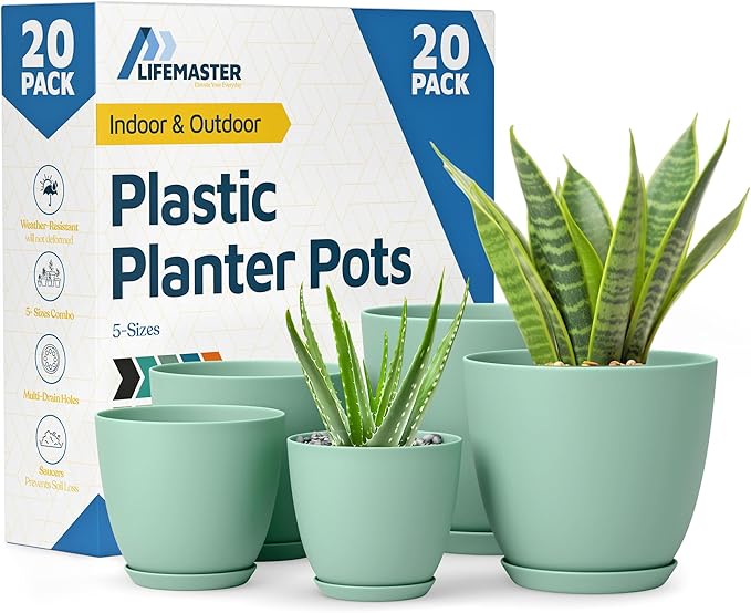 Planter Pots with Drainage Holes - Lightweight, Durable, & Space-Saving Pots for Indoor and Outdoor - Versatile Functionality, Simple Modern Design, Set of 20 Plastic Planter Pots Mint