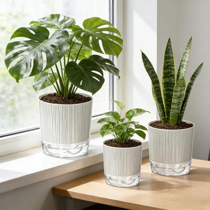 3 Pack Self Watering Pots for Indoor Plants, 4+5.5+6.3 Inch Self Watering Plant Pots, Flower Pots with Wick Rope and Reservoir - Black Stripes