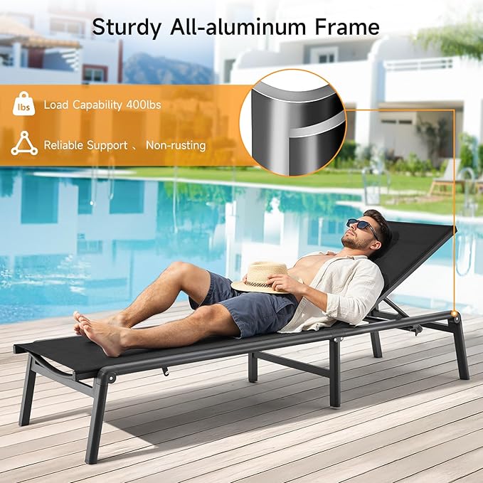 ONBRILL Aluminum Chaise Lounge Chair Outdoor, Foldable & Assembly Free Outdoor Lounge Chair with 5 Position Adjustable Backrest, Patio Pool Lounge Chairs for Outside Poolside Beach Lawn, 1PC, Black