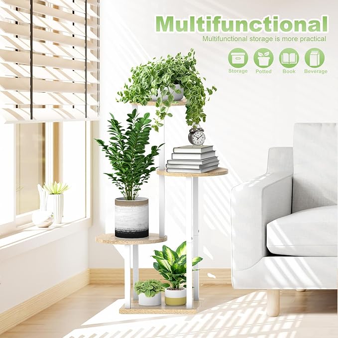 Plant Stand Indoor, 4 Tier Thickened Metal Corner Plant Shelf for Multiple Plants, Indoor Plants Tiered Flower Pot Stand for Patio Garden Balcony Living Room Bedroom (White Oak)