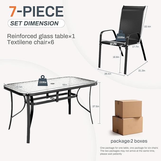 TLSUNNY 7 Pieces Patio Dining Set, Outdoor Table and Chairs W/1.69″ Umbrella Hole, 30"X 55" Table and Stackable Textilene Chair, All Weather Patio Furniture Set (Umbrella not Included) (Black)