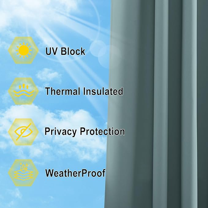 NICETOWN Greyish Blue Outdoor Curtains for Patio Waterproof, Thermal Insulated Rustproof Grommet Blackout Indoor Outdoor Gazebo Curtains Window Treatments for Outdoor Events, W52 x L84, 1 Panel