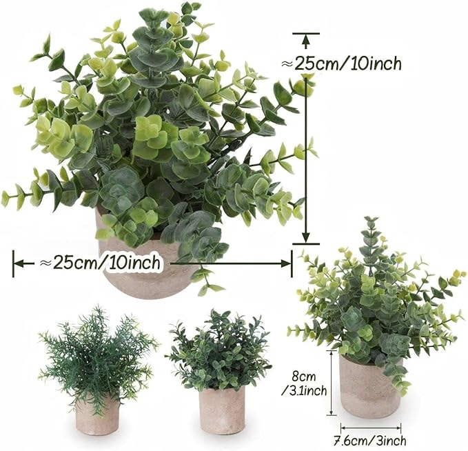 Lemonfilter Small Fake Plants, 3PCS Mini Potted Artificial Plastic Eucalyptus Plants Indoor Modern Farmhouse Decor, Fake Potted Plant for Home Bathroom Bedroom Office Shelves Decor
