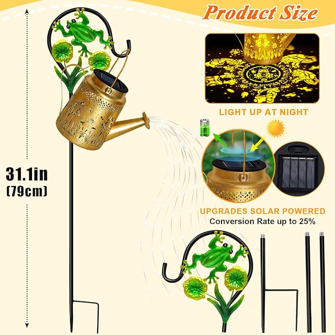 Solar Lanterns Outdoor Garden Decor, Mothers Day Gifts for Women Mom Grandma Birthday, Large Frog Hanging Watering Can with Shepherd Hook, Waterproof Garden Lights for Outdoor Yard Christma Gifts