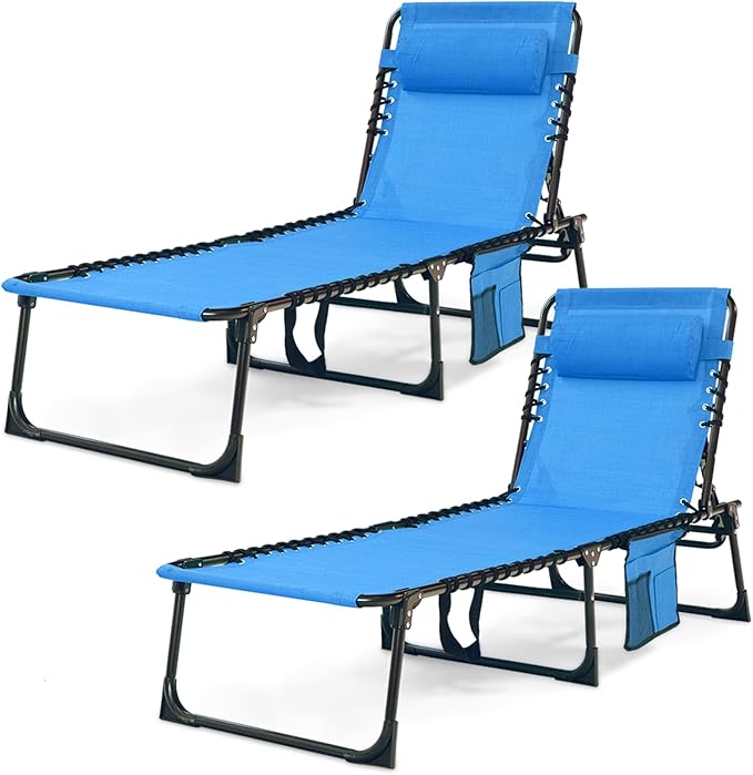 Folding Chaise Lounge Chair 2 Pack - 400lb Capacity, 5-Position Adjustable Recliner with Pillow | Portable for Patio, Pool, Camping & Sunbathing (Blue)