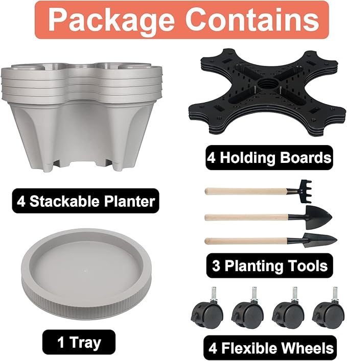 DUNCHATY Stackable Planter, Vertical Garden Planter with Wheels and Tools, Self Watering Strawberry Planter Indoor/Outdoor 4 Tier Herb Planter Pots for Growing Vegetables and Succulents,Gray