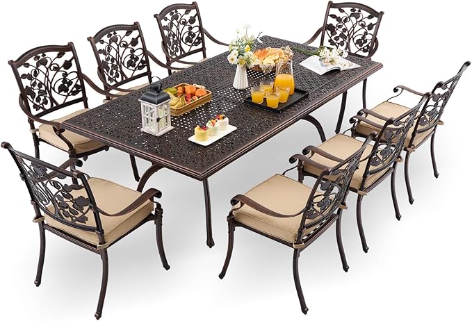 9-Piece Cast Aluminum Patio Furniture, Outdoor Dining Sets for 8 Include 87" Rectangular Patio Dining Table and 8 Stackable Chairs with Cushions & Umbrella Hole (Copper Red)