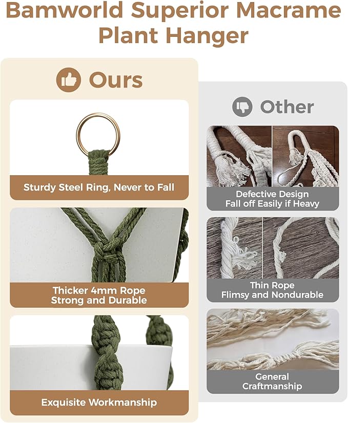 Bamworld Macrame Plant Hanger Indoor Hanging Planter for Plants Hanging Plant Basket Macrame Wall Hanging Planters Boho Decor Home Room Decor Aesthetic 36 Inches Natural Green, Set of 2