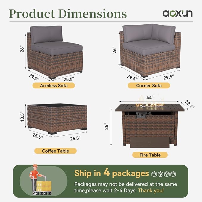Aoxun 12 Piece Patio Furniture Set with 44” Fire Pit Table Wicker Rattan Outdoor Sectional Sofa Set with Coffee Table and Thickened Cushions, Grey (Waterproof Cover Included)