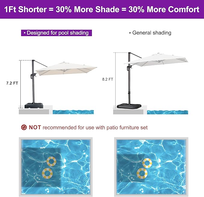 PURPLE LEAF 8' X 8' Patio Umbrella for Pool 7' High Offset Outdoor Cantilever Umbrella Swimming Pool Umbrella with 360°Rotation for Poolside Beige