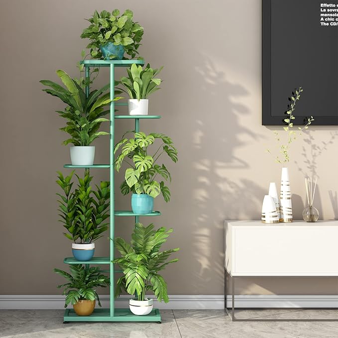 LINZINAR Plant Stand Metal 6 Tier 7 Potted Multiple Flower Pot Holder Shelf Indoor Outdoor Planter Display Shelving Unit for Patio Garden Corner Balcony Living Room (6 Tier 7 Potted, Light Green)