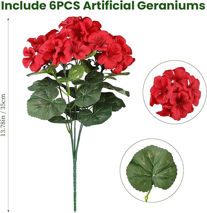 Artificial Flowers for Outdoors, 6 Bundles Realistic Silk Fake Red Geraniums, No Fade Faux Plastic Flowers for Outdoor Planters, Hanging Baskets, Window Boxes, Porch, Patio Decor