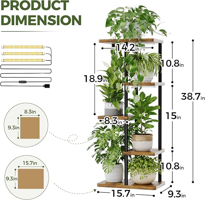 Bamworld Indoor Plant Stand with Grow Light Corner 5Tier Metal Plant Shelf Wood Flower Stand for Home Living Room Decor Patio Decor