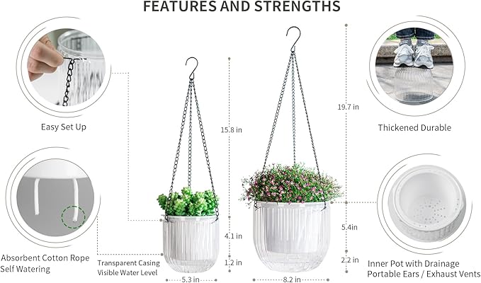 Josteve 5.2/8.2 Inch 2 Pcs Self Watering Hanging Planter Indoor Plant Pots Drainage Holes, Outdoor Small Hanging Planters Flower Pot Basket, Visible Water Level, Plant Hanger Home Decor, Gardening
