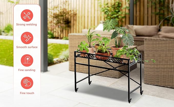 Zhongma Sturdy Metal Plant Stand with Wheels, 36.6 x 16 x 26.2 in High, Heavy Duty Succulent Shelf for Home Indoor and Outdoor, 220 LBS Capacity & Heavy Duty Construction