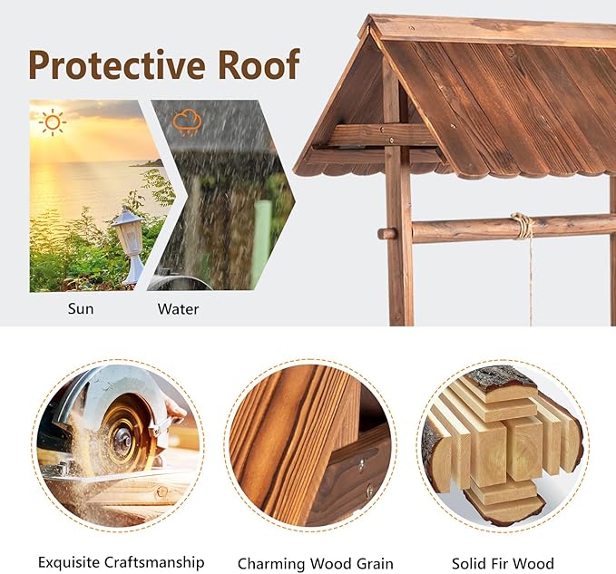 VINGLI Wooden Wishing Well Outdoor Planters, Well Covers for Yard with 2 Reinforced Rods, Height Adjustable Hanging Bucket, Rustic Flower Pot Home Decor for Outside Patio Garden